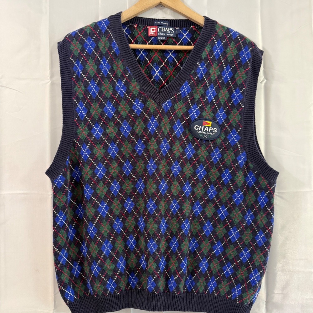Vintage Chaps Ralph Lauren Argyle‎ Sweater Vest Mens XL Navy Blue Crest grandpa